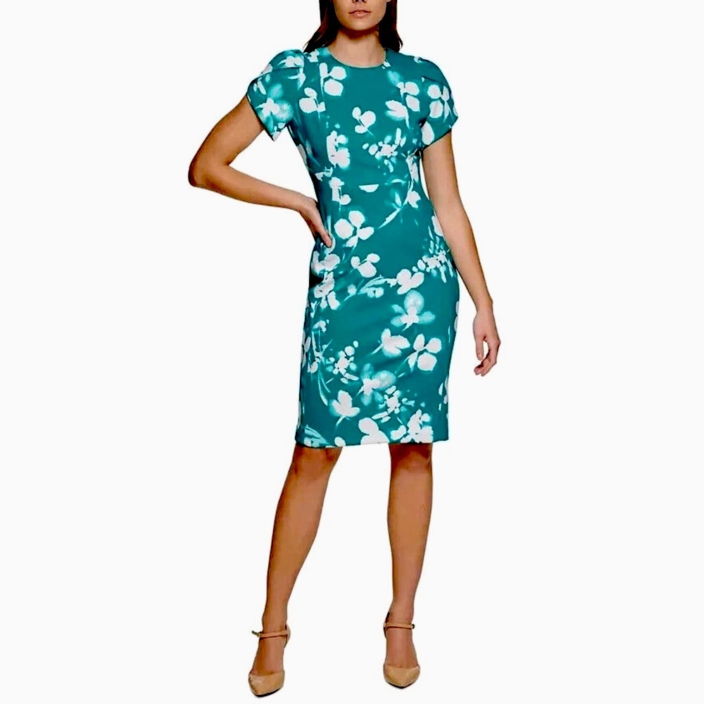 NWT Calvin Klein size 8 knee length Teal Green Blue White fitted dress